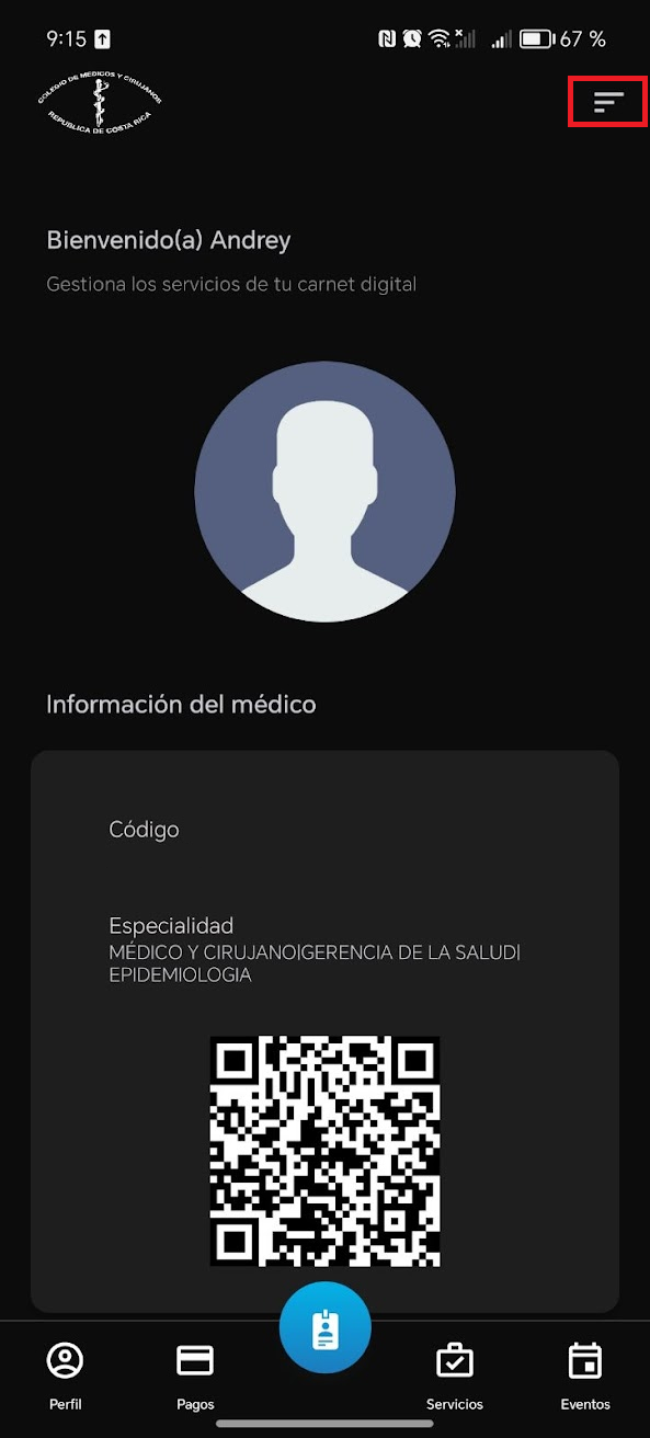 Pantalla de inicio de la aplicación Carnet Digital CMC
