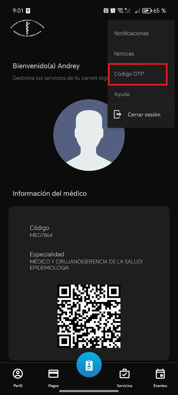 Menú de la aplicación con la opción Código OTP
