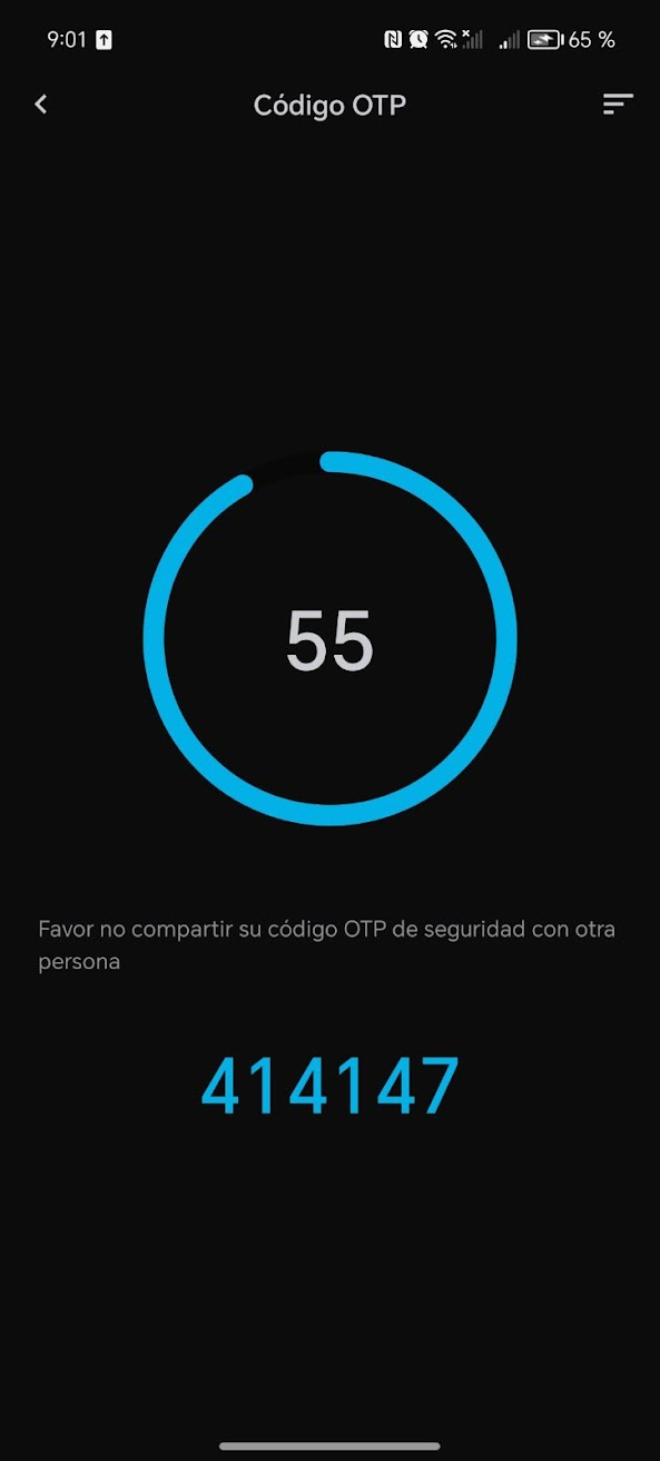 Código OTP mostrado en la aplicación